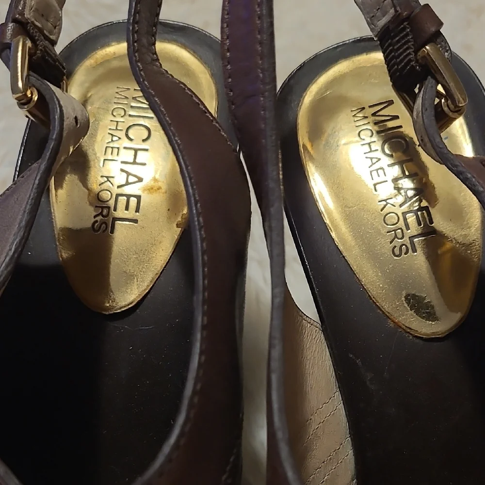 Michael Kors Chocolate Brown Wedges with Gold Accents